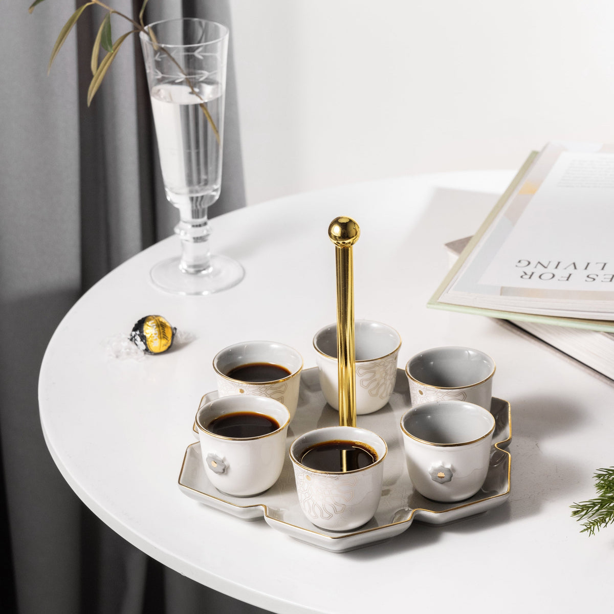 Asala - Arabic Coffee Cups With Holder - Grey & Gold