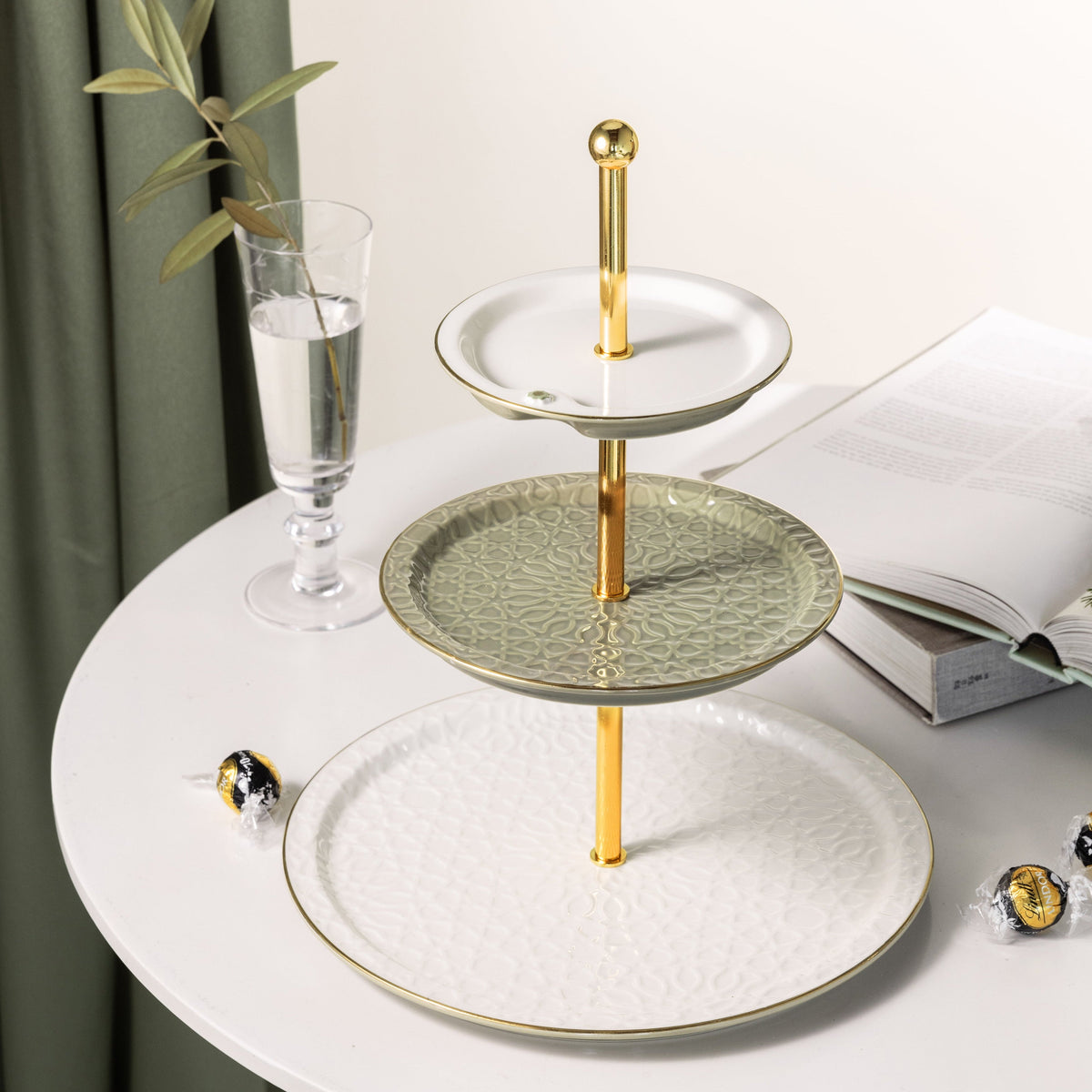 Asala - 3 Tier Plate - Olive Green & Gold