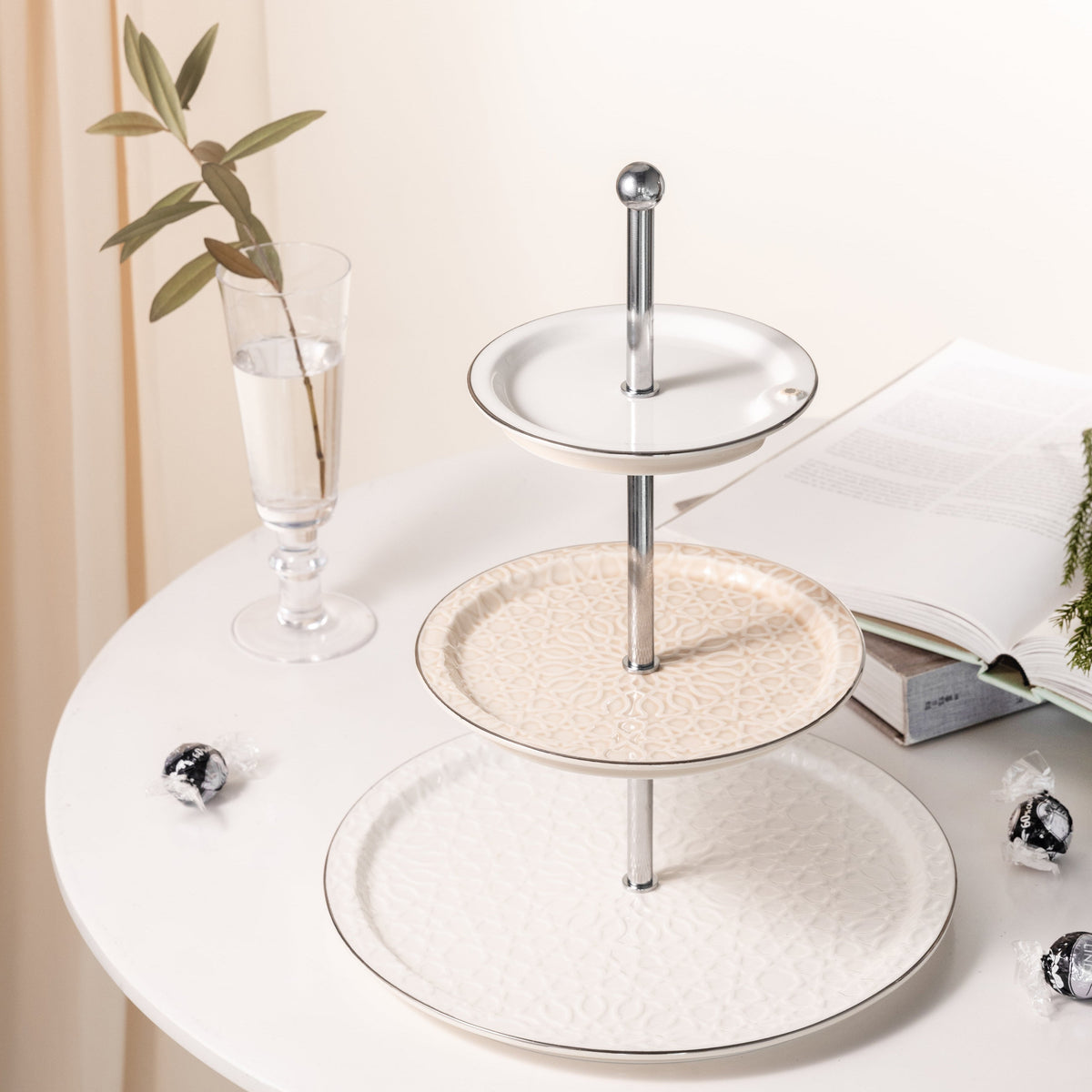 Asala - 3 Tier Plate - Beige & Silver