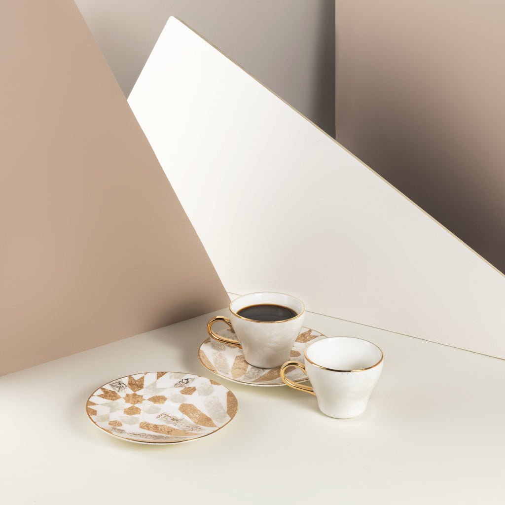 Amal - Espresso /Turkish Coffee Cups, (12-Pc)- Beige & Gold