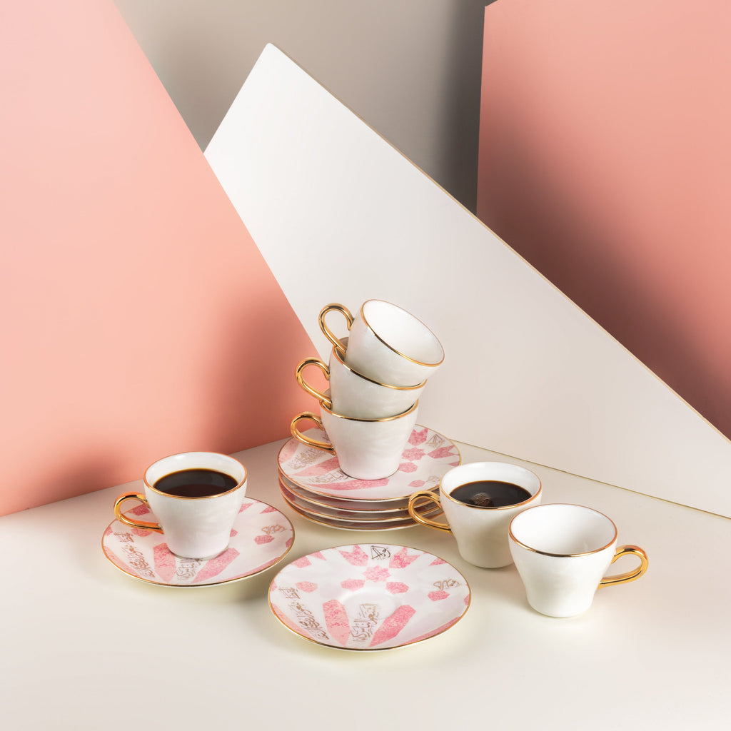 Amal - Espresso /Turkish Coffee Cups, (12-Pc)- Pink & Gold
