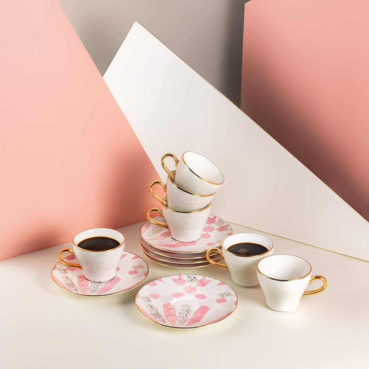 Amal - Espresso /Turkish Coffee Cups, (12-Pc)- Pink & Gold