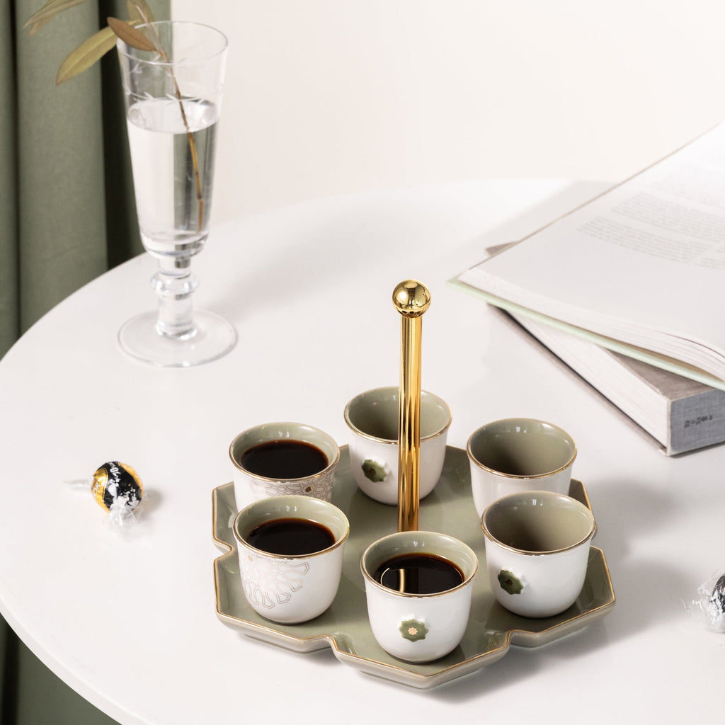 Asala - Arabic Coffee Cups With Holder - Olive Green & Gold