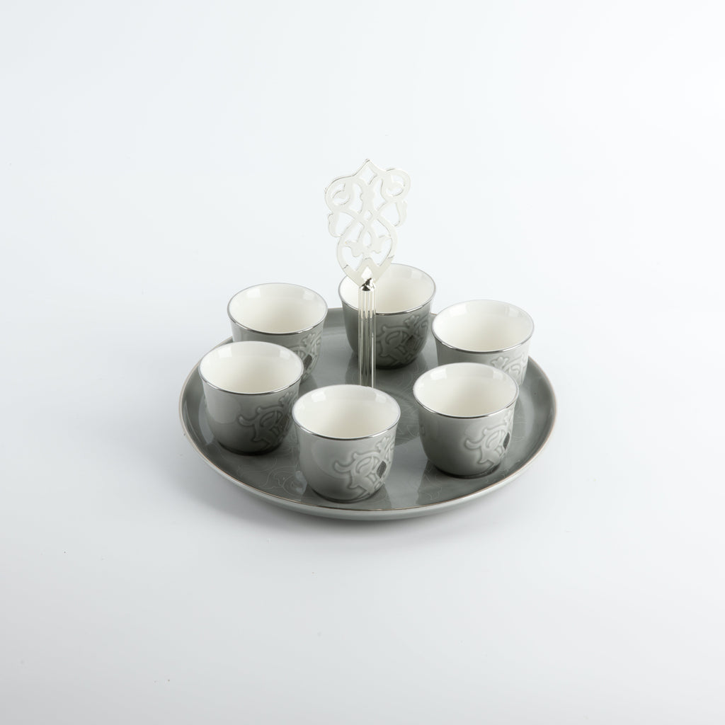 Naqsh - Arabic Coffee Cups With Holder - Grey & Silver