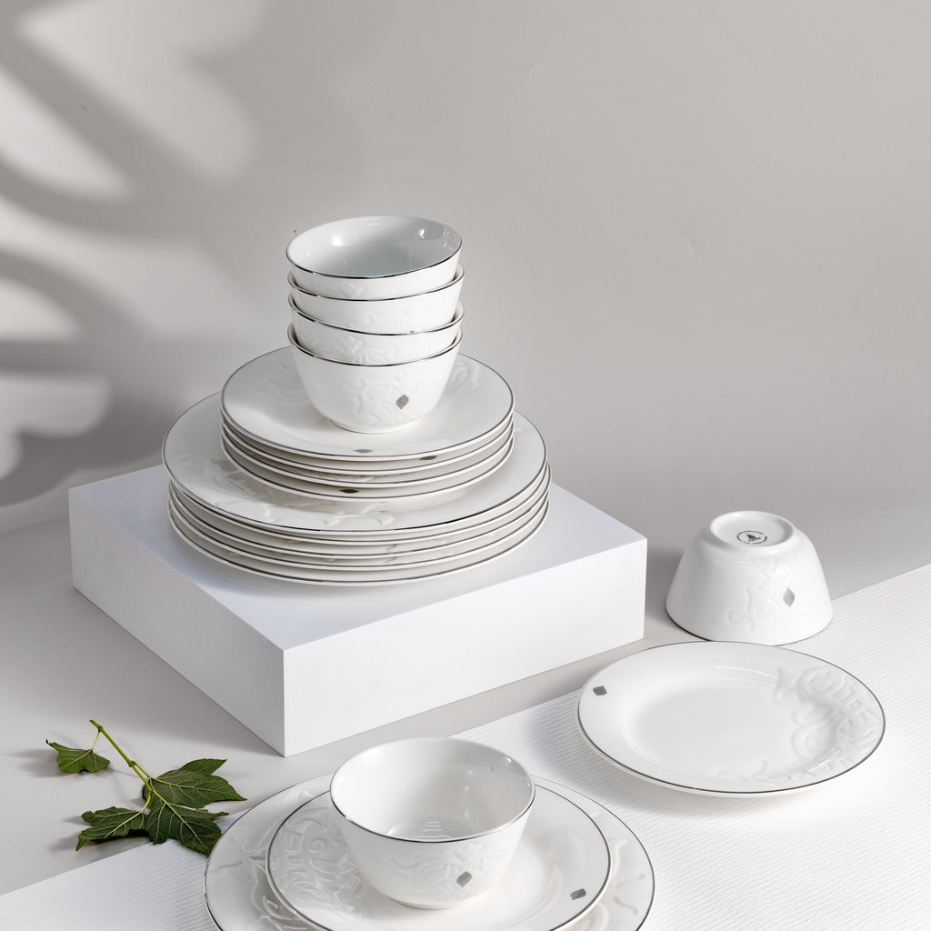 Naqsh - Dinner Set (18-Pc) - White & Silver