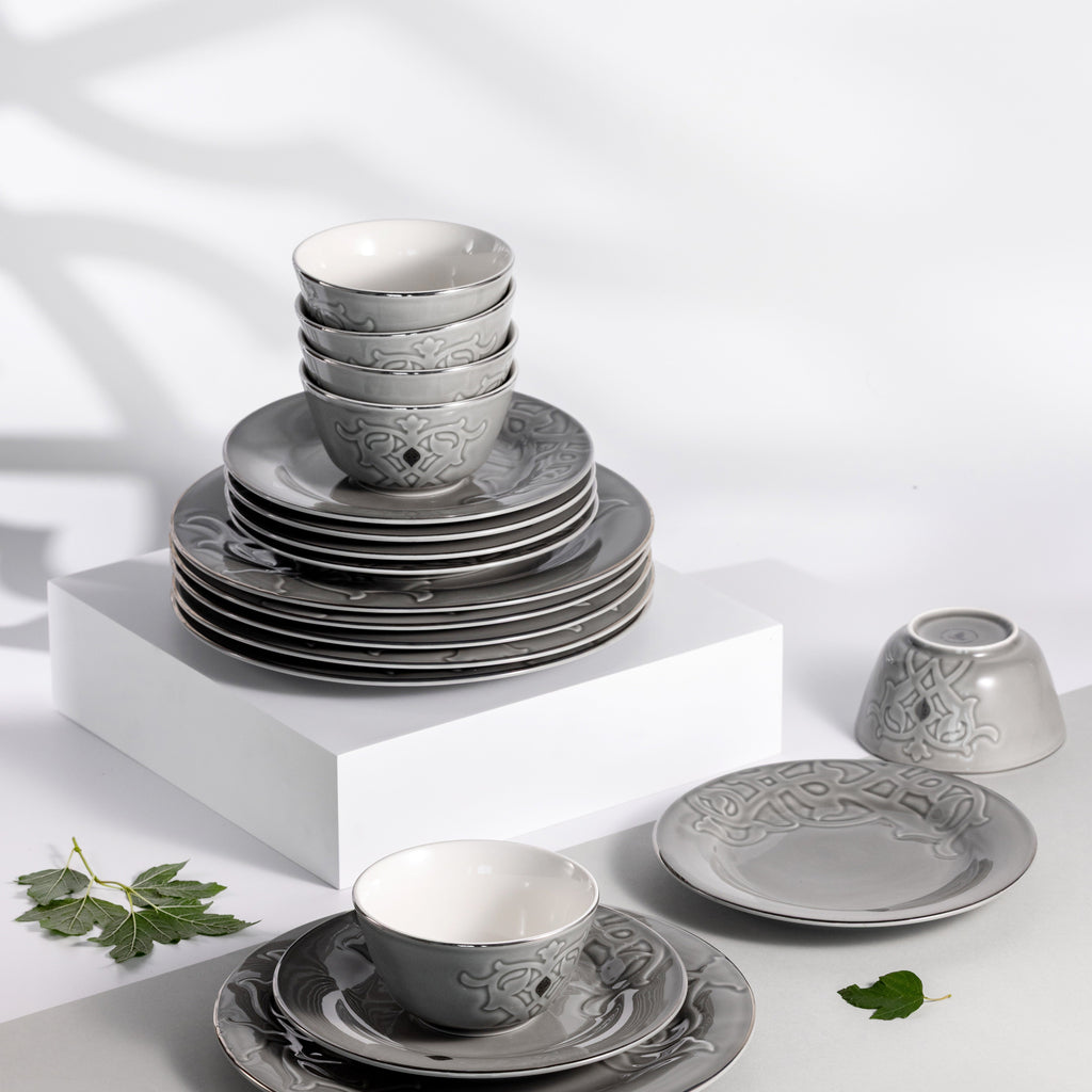 Naqsh - Dinner Set (18-Pc) - Grey & Silver