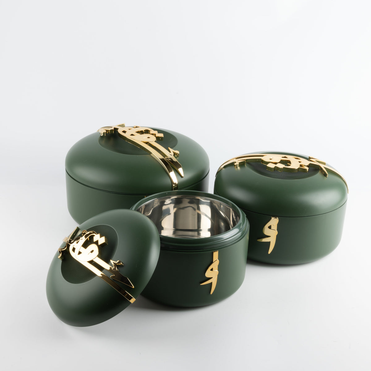 Liqa'a - Food Thermos/ Warm Serv (Set of 3) - Olive Green  & Gold