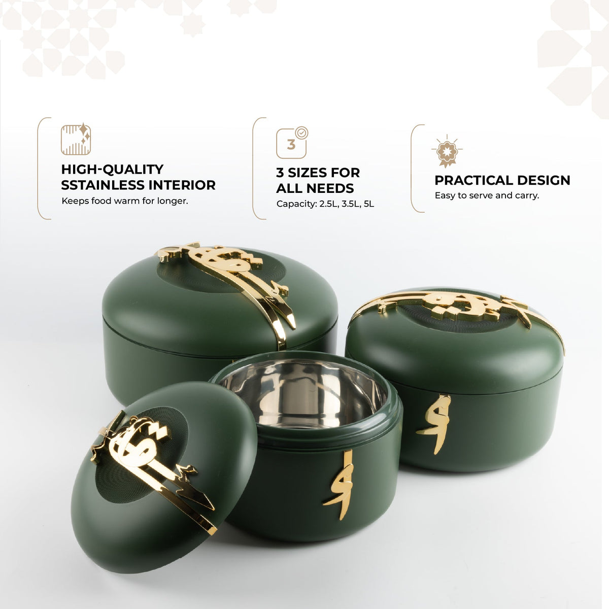 Liqa'a - Food Thermos/ Warm Serv (Set of 3) - Olive Green  & Gold