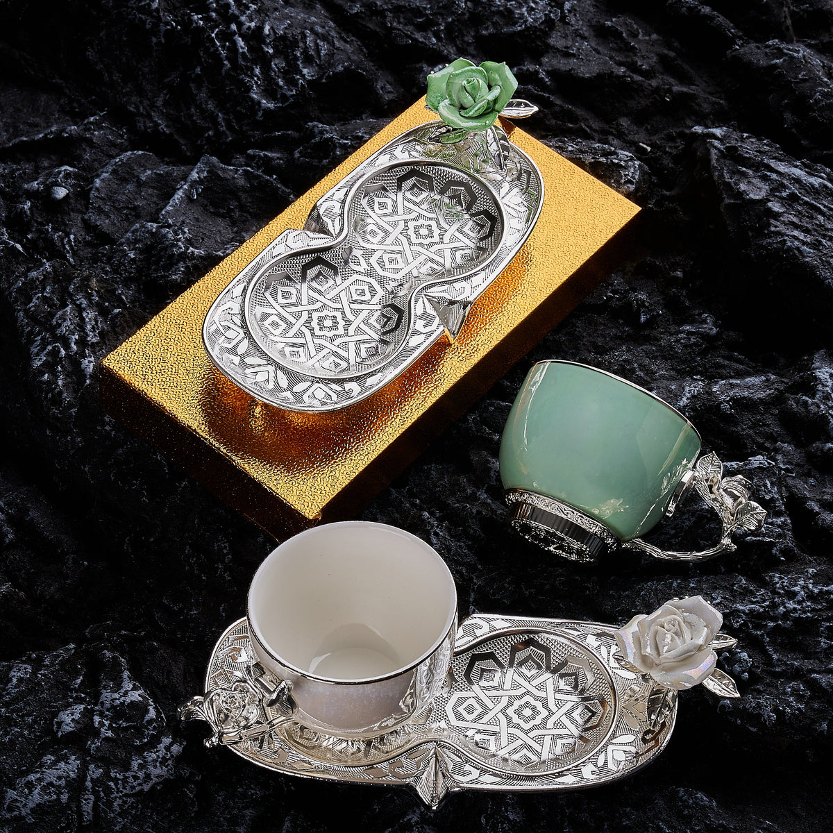You and Me–Silver Green White Coffee Cups, Set of 4