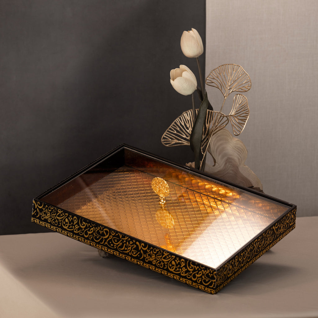 Noir Elegance 16" Rectangular Bamboo Tray – Black & Gold