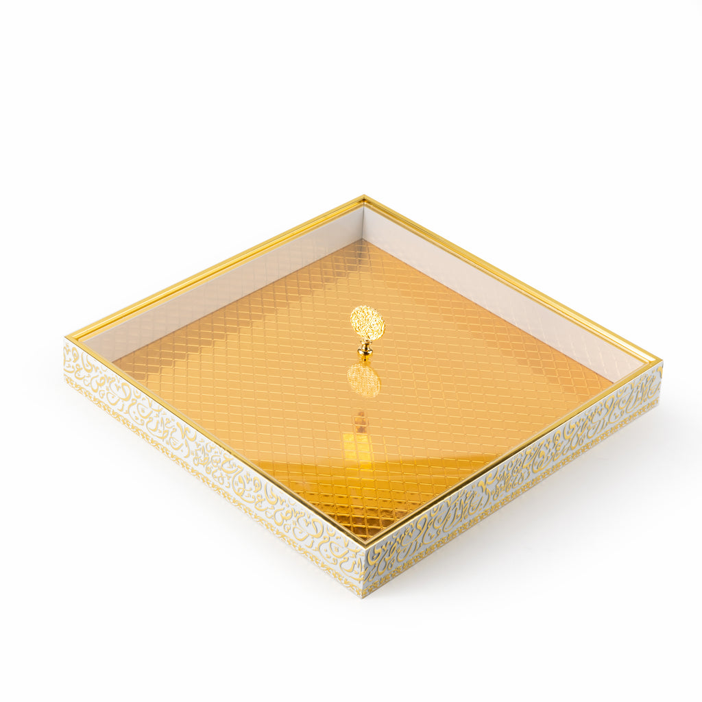 Royal Ember 15" Square Bamboo Tray – White & Gold