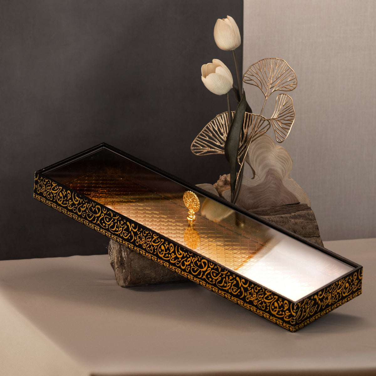 Noir Elegance 22" Slim Bamboo Tray – Black & Gold