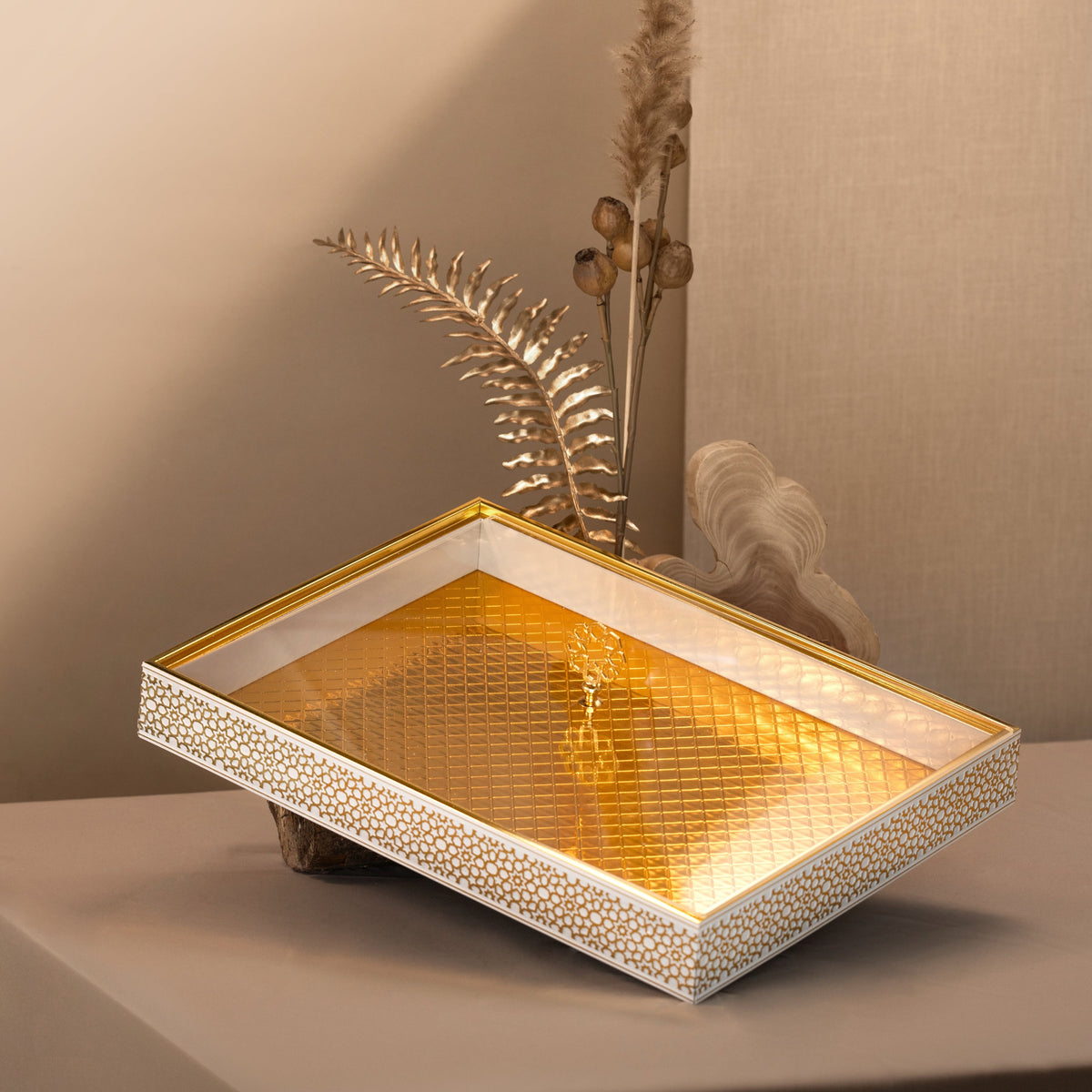 Royal BlossomHive 16" Rectangular Bamboo Tray – White & Gold